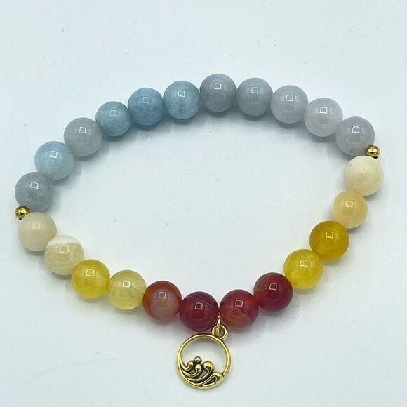 Ocean wave carnelian yellow agate honey calcite aquamarine beaded stretch bracel - Picture 11 of 16